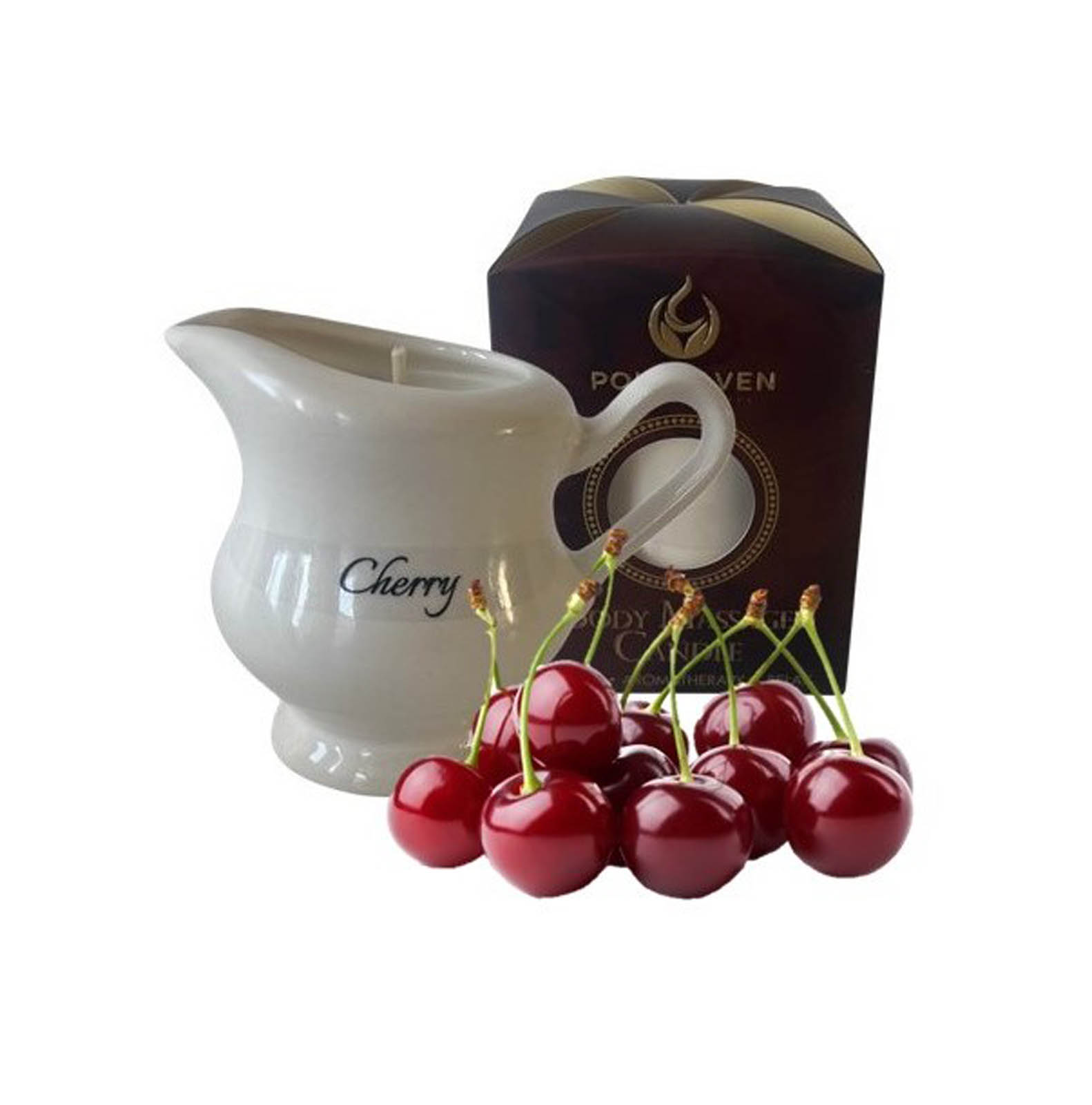 Jar containing Cherry hot oil massage candle with the decorative box in the background