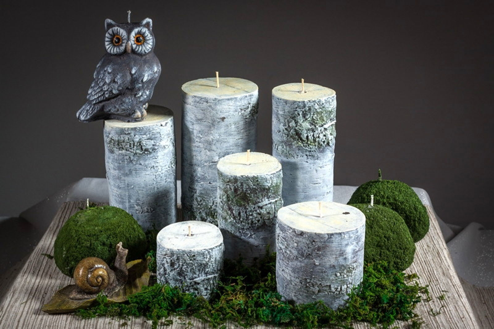 Six Birch candles surrounded by the moss and figurine of a snail and an owl